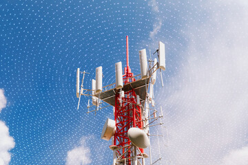 Cell phone tower emits 5G signals. The antenna transmits electromagnetic waves. - obrazy, fototapety, plakaty