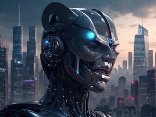 Fototapeta premium AI rules the city. Danger of strong artificial intelligence, threat to planet, future risk of bad scenario, creating dangerous ASI, scary superintelligence. Generative AI