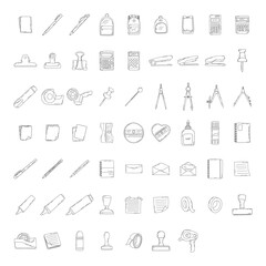School tools, stationery, icons, pictograms in doodle style in hand drawn sketch Isolated on white background vector line illustration