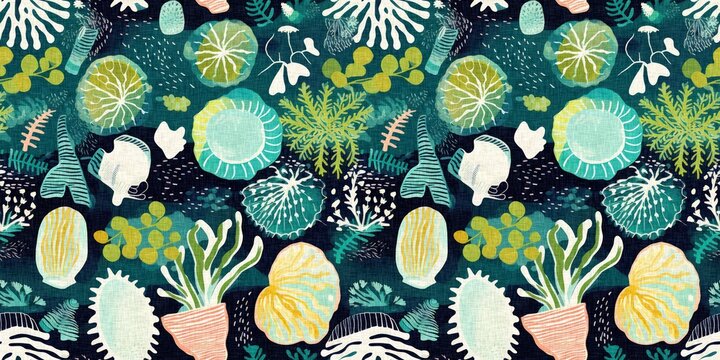  Seamless trendy underwater shell clam repeat background. Tropical modern seashell coastal pattern clash fabric coral reef border print for summer beach textile banner edge with a linen cotton effect.