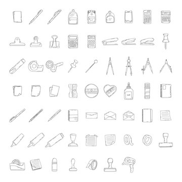 School tools, stationery, icons, pictograms in doodle style in hand drawn sketch Isolated on white background vector line illustration