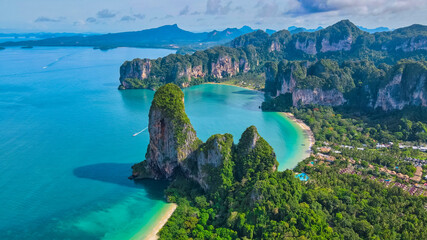 Railay Beach Krabi Thailand, the tropical beach of Railay Krabi, Drone aerial view of Panoramic view of idyllic Railay Beach in Thailand with a huge limestone rocks from above with drone