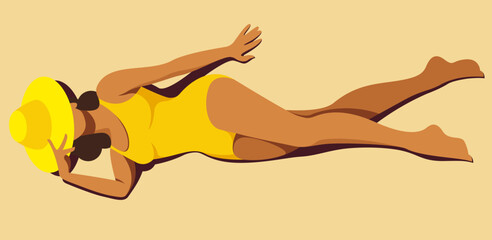 vector image of a beautiful tanned girl with a perfect figure in a yellow retro swimsuit and a hat is sunbathing on the beach on a sand. useful for summer holidays, resorts, hotels, beaches, vacations