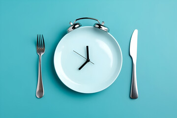 Plate in the Shape of an Alarm Clock With Fork and Knife on Blue Background, Diet Concept: AI Generated Image