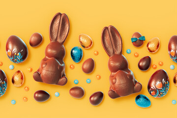 Set of adorable chocolate Easter bunnies and eggs. Cute sweets. Happy Easter.