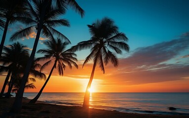 Naklejka na ściany i meble A beautiful sunset over the ocean with palm trees. AI