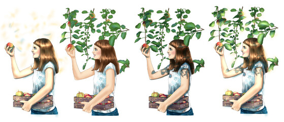 a girl picking apples with a wooden basket in her hands, has three choices, no lighting, only shadows, only basic colors, and no apple trees