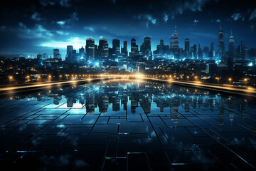 A blue cityscape at night, symbolizing a bustling business hub, business background Generative AI