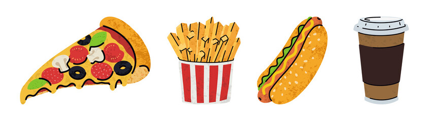 fast food, cartoon icons set, simple flat style, street high calorie food illustration.