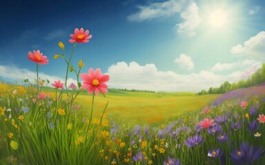 Illustration of a flower meadow in spring generative AI