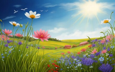 Fototapeta na wymiar Illustration of a flower meadow in spring generative AI