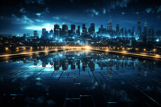 A blue cityscape at night, symbolizing a bustling business hub, business background Generative AI