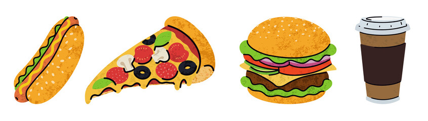 fast food, cartoon icons set, simple flat style, street high calorie food illustration.