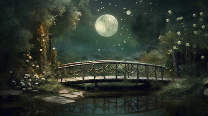 Generative AI: fantasy landscape with wooden bridge to the sky amd big moon