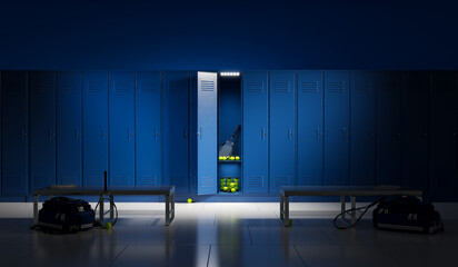 Dark School Locker Room with Tennis Equipment and Metal Lockers. Sport - obrazy, fototapety, plakaty