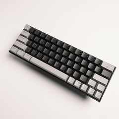 mechanical keyboard with black gray and orange keycaps on a minimalist white background