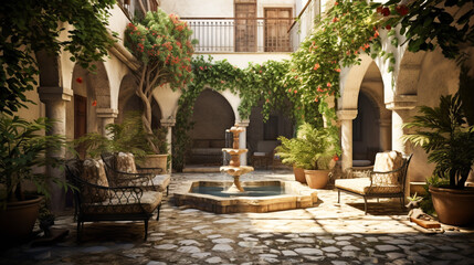 A cool and refreshing courtyard in a Syrian home, with a fountain, a tiled floor, and a vine-covered pergola. - obrazy, fototapety, plakaty