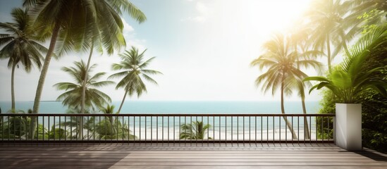 Fototapeta na wymiar summer delight wooden balcony patio deck with sunlight and coconut tree panorama view house interior mock up design background house balcony daylight,generative ai