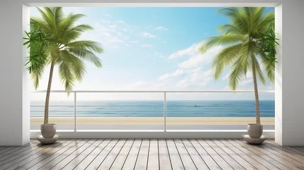 Wall murals Beach sunset summer delight wooden balcony patio deck with sunlight and coconut tree panorama view house interior mock up design background house balcony daylight,generative ai
