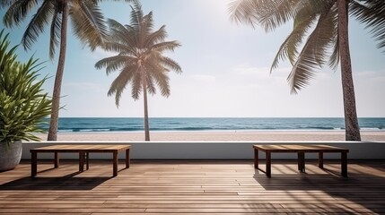 summer delight wooden balcony patio deck with sunlight and coconut tree panorama view house interior mock up design background house balcony daylight,generative ai