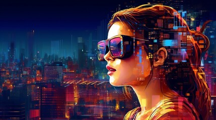 Virtual reality 3d augmented experience exited digital generate person wear vr glasses goggle headset hand gesture touch 3d object in virtual world fun cheerful and remarkable,generative ai