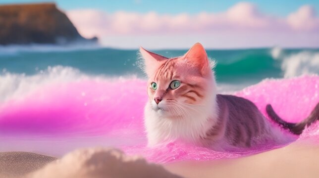 cute pink cat on the beach