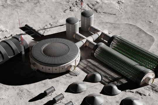 Formation of a space base at the moon. Beautiful landscape with planet Earth.