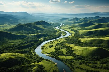 Journey through Eden: An Awe-Inspiring Aerial Glimpse of a Meandering River Embracing a Flourishing Valley, Intertwined with the Graceful Presence of a Solo Kayaker Generative AI