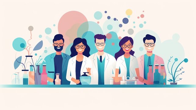 Minimalistic Illustration Of Diverse Group Of People In Flat Style For Business Ideas, Scientist Working In A Lab. Minimalist Flat. Colorful Cartoon Style. Isolated On White Background. Generative AI