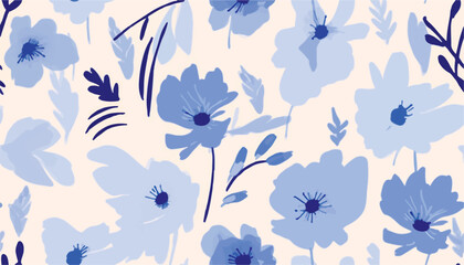 Hand drawn bright blue simple abstract floral print. Minimalist trendy pattern. Fashionable template for design.