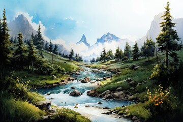 Mountain and river watercolor