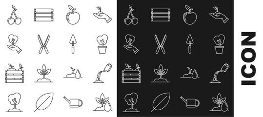 Set line Watering plant, can with water, Tree pot, Apple, Gardening handmade scissors for trimming, of environmental protection, Cherry and trowel spade shovel icon. Vector