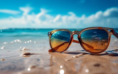 Fototapeta na wymiar A pair of sunglasses sitting on top of a sandy beach. AI