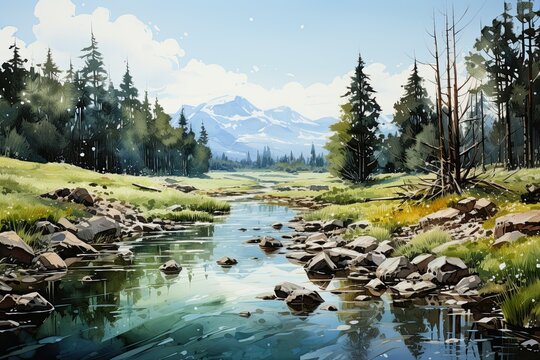 Mountain and river watercolor