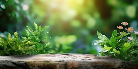 Wooden Platform Landscape with Green Plants Bokeh Panorama Background. Nature Outdoors, Trees, Wood and Blurred Copy Space