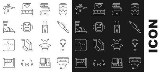 Set line Virtual reality glasses, Magnifying, Fountain pen nib, Book, School backpack, Slippers with socks, Ray gun and Pants suspenders icon. Vector