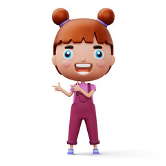 Happy child pointing fingers, cute girl cartoon character, 3d rendering