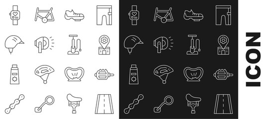 Set line Bicycle lane, pedal, repair service, shoes, head lamp, helmet, Smart watch and pump icon. Vector