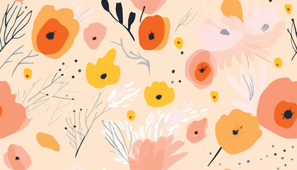 Hand drawn cute warm artistic flowers print. Abstract collage pattern. Fashionable template for design.