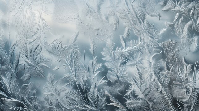 Close up view of frosty window with a bunch of leaves on it © javier