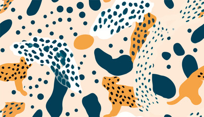 Hand drawn minimal abstract pattern with leopards skin. Bohemian style collage contemporary seamless pattern. Fashionable template for design.