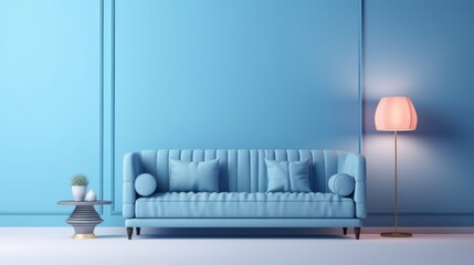 living room interior mock up blue sofa against blue colour wall backdrop home interior in daylight background,generative ai