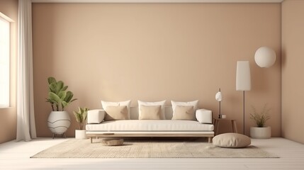 Fototapeta na wymiar beige color sofa with brown bright color wall Contemporary home interior living room mock up house beautiful background,generative ai