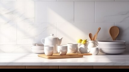 home interior design detail white cookware ceramic and wooden kitchen collection on white counter top kitchen home interior design, Created with Generative AI Technology.