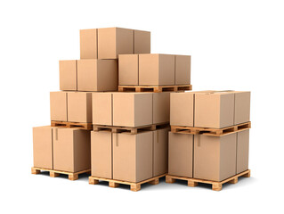 Cardboard boxes on pallets isolated on transparent or white background, png