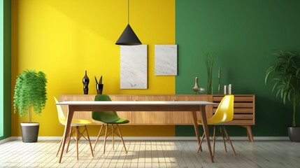 beautiful dining area home design interior background concept theme of green and yellow clour scheme,ai generate