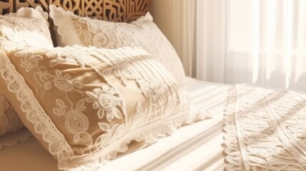 Bed maid-up with clean white pillows and bed sheets in beauty room. Close-up. Lens flair in sunlight,image ai generate