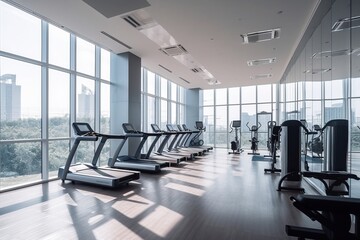 Fitness center gym interior design with daylight big window center city high rise building background Created with Generative AI Technology.