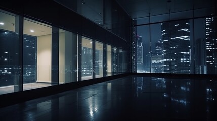 Plakat Modern Design office interior hallway corridor walkway office space background no people night time with urban night downtown city background,Generative AI