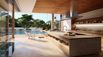 home interior design dining area near swimming pool sunset moment at nature resort style,image ai generate